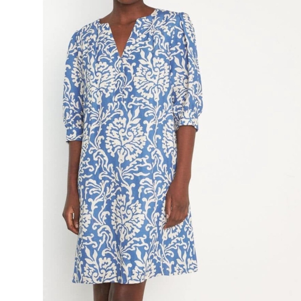 Maison 123 Blue White Linen Blend Shift Dress Size 44